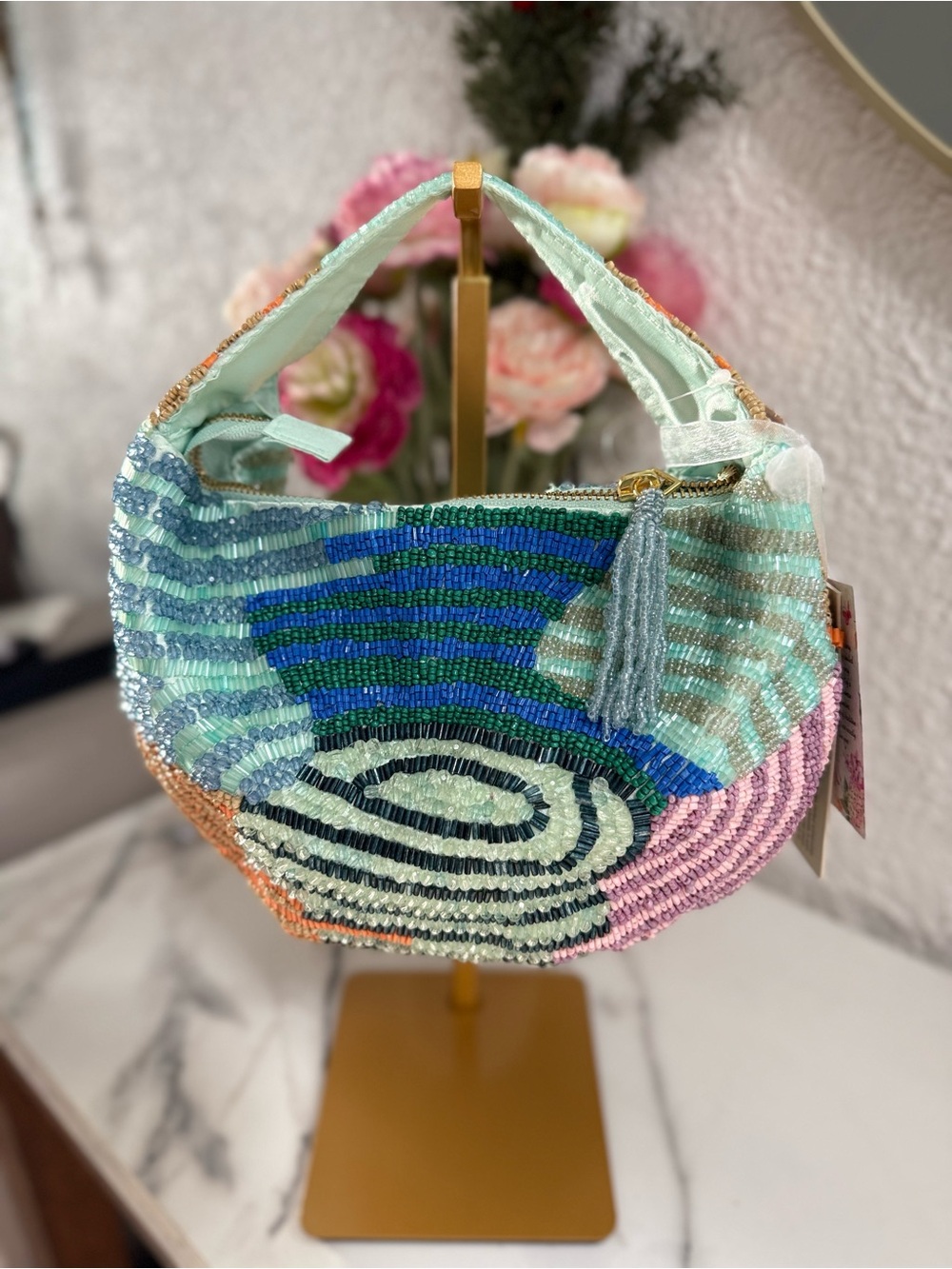 Handmade Multicolor Beaded Mini Shoulder Bag Abstract Wave Mint Green Purse